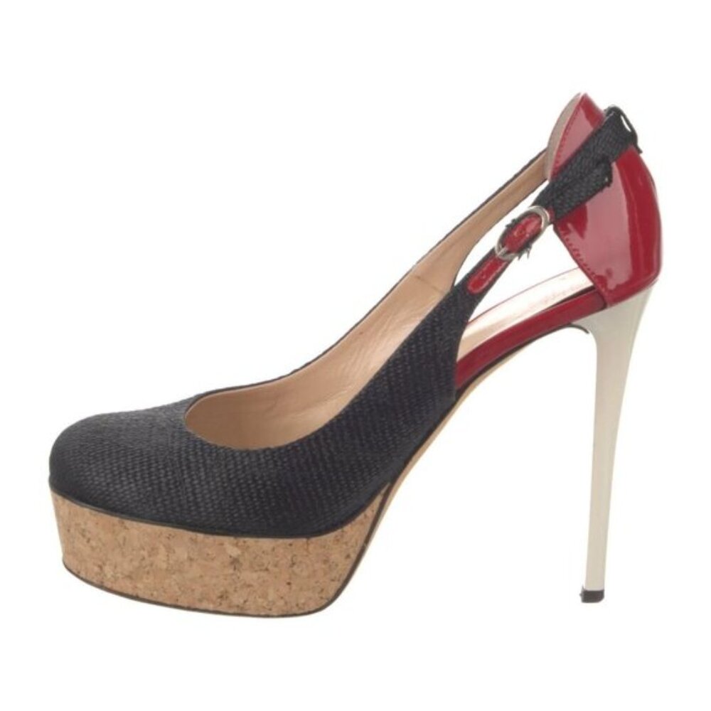 Giuseppe Zanotti Black Canvas Patent Leather Cork Platform Slingback Pumps
